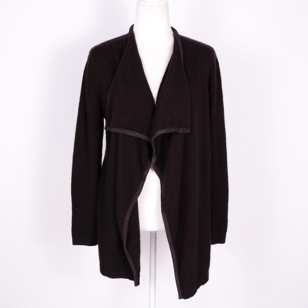 Neiman Marcus Cashmere Suede Trim Brown Open Draped Cardigan Sweater SZ M